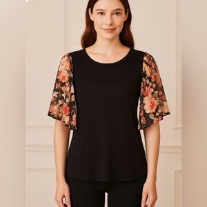 Kim & Cami Black Top with Floral Sleeves